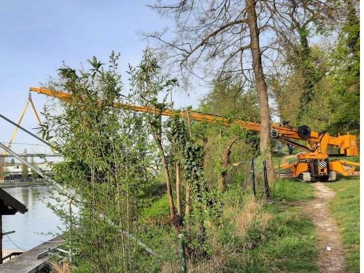 Reparatur eines Fischergalgens am Rheinufer